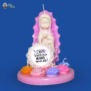 Virgen guadalupe niña + 6 rosas en base de cera
